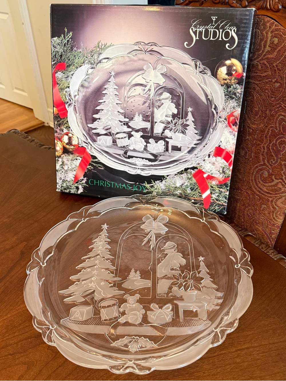 VTG Crystal Clear Studios 1992 Christmas Joy 14” Glass Platter Japan #312/240
